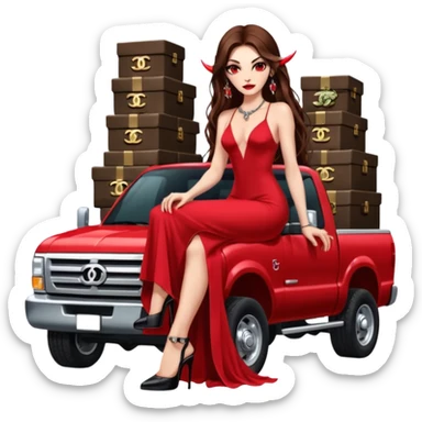 Lilith symbol red eye seductress evil long brown haired sexy succubus woman. Wearing Chanel  long dress with slit, sitting on top of a  giant lifted F350 pickup truck. Black Platform heels on feet. Back of truck full of stacks of cash, sitting behind her is  ahold stacks sticker