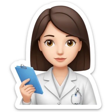 Brunette pharmacist with a gown and a prescription paper sticker