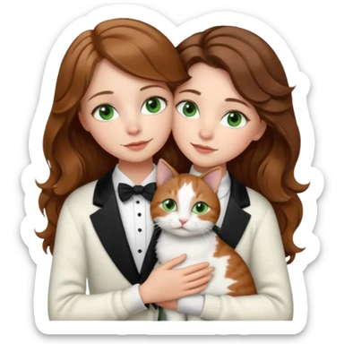 A pretty white girl with hazel brown eyes and brown wavy hair in a cosy white knit sweater, hugging a black and whitebtuxedo cat with green eyes sticker