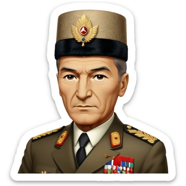 Mustafa Kemal Atatürk (statesman) in traditional hat – Cinematic Realistic Portrait of Mustafa Kemal Atatürk, depicted in dignified traditional attire with a distinctive hat, a resolute and visionary expression illuminated by warm, historic lighting, rendered with rich textures that evoke his transformative leadership. sticker