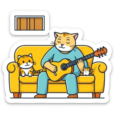  old blind man playing ￼guitar  on the couch ￼with his ￼golden cat  sticker