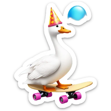 White goose wearing birthday party hat riding skateboard with balloon sticker