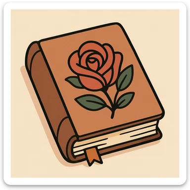 a book with a stylized rose pattern on the cover, modern look, flat toon style sticker