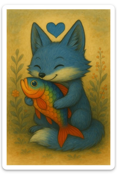 Change the heart above the blue fox and rainbow fish to a blue heart, keeping the ghibli style. sticker