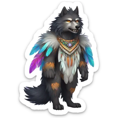 Fluffy Colorful Shy Spiritual Shamanic WereWolf With Shiny Tribal Markings wearing feathers Full Body sticker