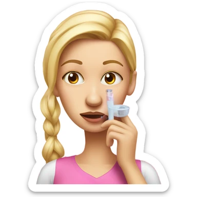 londe woman with fever taking temperature in ear , pink realistic sticker