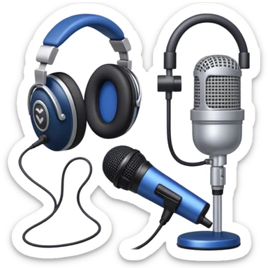 Create a sleek and professional emoji that represents voice acting and dubbing equipment. The design should feature a high-quality microphone, a sound mixer or audio interface, and headphones to symbolize the recording and technical process. Include elements like a soundproof booth or audio cables to reflect the studio environment. Use a modern, clean design with colors like silver, black, and dark blue to represent the professional side of voice acting. The background should be transparent. sticker