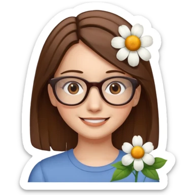 Hawaii female with fair skin. Shoulder length straight brown hair. Brown eyes with glasses. Flower in hair sticker