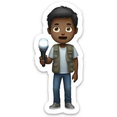 a boy holding LED flashlight in hand and he scared sticker