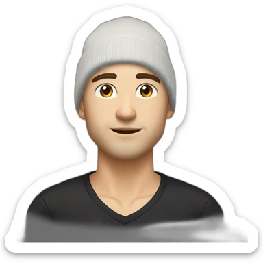 man caucasian shaved head hazel eyes stubble wearing a slouchy beanie and a black v-neck t-shirt sticker