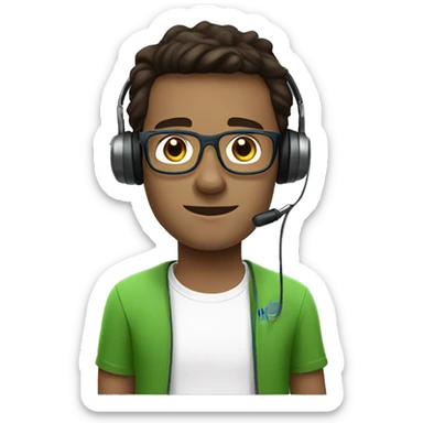 white young man with blue eyes and dark brown hair and square glasses wearing green t-shirt with headset sticker