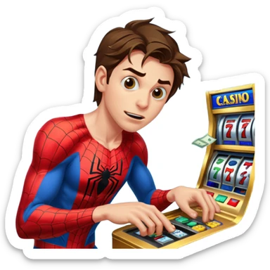 disheveled spiderman losing money at a slot machine, panicked face, coins flying sticker