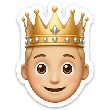 A playful, cartoon-style emoji with a smiling face wearing a tiny crown, surrounded by subtle sparkles for a fun and regal look sticker