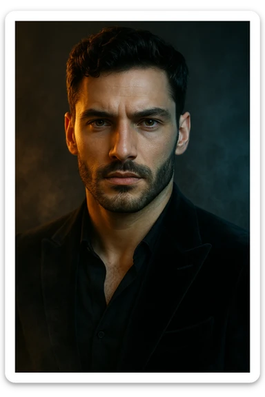 Usa questa immagine come riferimento per creare un ritratto iperrealistico e ravvicinato di un carismatico nodello maschile, ambientato in un contesto editoriale suggestivo. I volto è illuminato da fasci di luce ambrata e blU ghiaccio che contrastano tra loro, esaltando la simmetria marcata della mascella, la sottile barba incolta e uno sguardo penetrante e sicuro. I| modello indossa una giacca sartoriale scura in morbido velluto, leggermente sbottonata sul colletto. Lo sfondo sfuma in un profondo gradiente antracite con una delicata foschia cinematografica e sottili bagliori di luce. Un lieve velo di nebbia avvolge la sua silhouette, accentuando un'atmosfera sofisticata e misteriosa. L'effetto complessivo evoca un'eleganza di alta moda con un tocco moderno e malinconico, ideale per una campagna pubblicitaria di lusso o per la copertina di una prestigiosa rivista. sticker