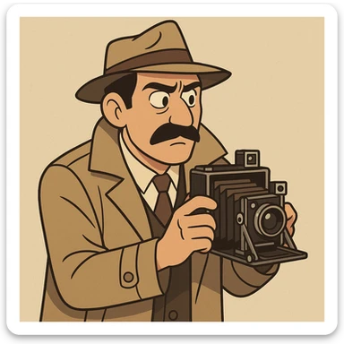 1930s private detective man with mustache, wearing raincoat and hat, holding old camera, retro cartoon style sticker