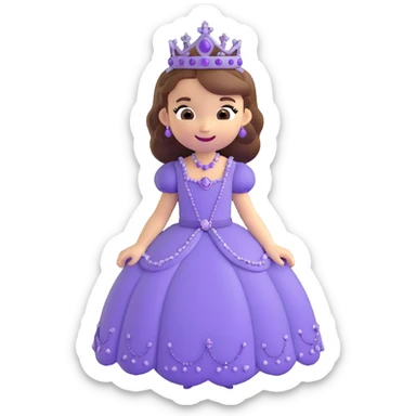 Sofia the First as a 3D emoji, wearing her signature purple dress and tiara, smiling, cute and friendly sticker
