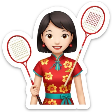 ancient cheongsam girl with 1 badminton racket, red sticker