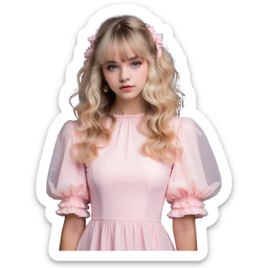 white or light brown girl with bangs, long light brown hair with curly blonde highlights, wearing a pastel pink dress with puff sleeves sticker