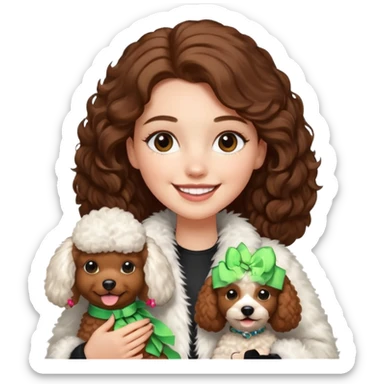A white girl smiles a broad smile. She parts a long brown hair in middle. and she wears a white fur jacket. She also holds a brown poodle. sticker