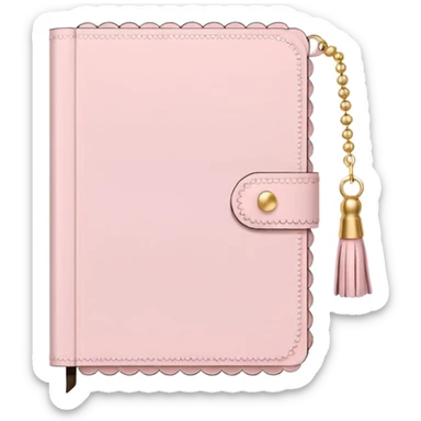 a soft pink journal with scalloped edges, tiny gold dot details, and a small tassel charm, cozy and elegant stationery vibe sticker