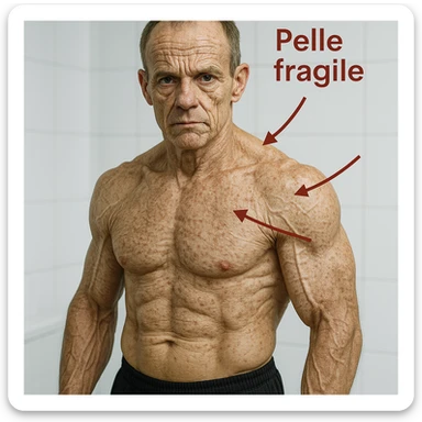 hyper realistic 25 year old bodybuilder with low collagen, aged appearance, defined muscles, skin with wrinkles and spots, red arrows and text 'Pelle fragile', clinical atmosphere, white background sticker