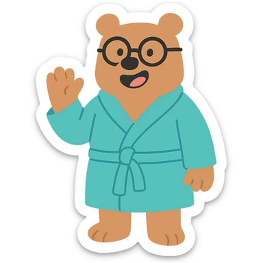 A cartoon bear wearing glasses and a bathrobe sticker