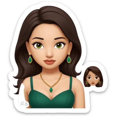 pretty bratz genmoji that looks like tamannah bhatia (bollywood actress), wearing a dark green sweetheart neckline top, dark brown hair, light makeup, no necklace, dangly earrings, side hair part, dark brown eyes, with tattoos sticker