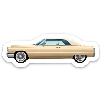 Clean-lined beige 1966 Cadillac DeVille, very minimalistic approach, 30-degree perspective, simplified iconic silhouette, Once Upon a Hollywood vehicle, iOS emoji style sticker