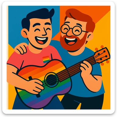 rainbow guitar being played by a joyful gay couple sticker
