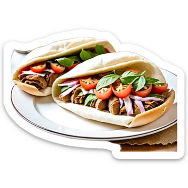 Döner im frisch aufgebackenen Fladenbrot, außen leicht knusprig, innen weich. Gefüllt mit saftigem Dönerfleisch, knackigem Salat, Tomaten, Zwiebeln und Kräutersauce. Warme Food‑Fotografie, hohe Details, natürliche Farben, appetitliche Präsentation, Fokus auf Texturen und Frische.“ sticker