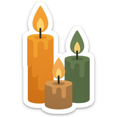 A set of slightly eerie, glowing wax candles with flickering flames, designed in a warm yet mysterious color palette: golden orange (FA9B41), deep forest green (4A7C5C), muted taupe brown (96775A), and soft pastel peach (FFCC9A). The candles are worn, with slightly uneven wax drips and an aged appearance, casting soft, flickering shadows. The flames glow in shades of soft orange and warm yellow, creating a haunting yet inviting atmosphere. The background is dark, with subtle mist or floating leaves around the candles, enhancing a slightly gothic, mysterious vibe. The overall scene has an enigmatic and cozy feel, combining warmth with an underlying sense of intrigue. sticker