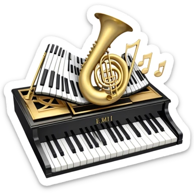 Create a detailed and elegant emoji collage representing keyboard instruments in a celebratory and professional style, reminiscent of a coat of arms. The design should feature a central arrangement of black and white piano keys, forming a symmetrical, powerful image. Around the keys, include a flowing ribbon of musical notes that intertwines with the keys, creating a sense of movement and harmony. Use gold and silver accents to highlight the keys and musical notes, giving the design a festive, high-quality appearance. The design should convey professionalism, elegance, and a sense of occasion. Add subtle reflections on the piano keys to enhance the polished look. The background should be transparent. sticker