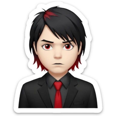 🎨 Classic Emoji — Gerard Way (Revenge Era)
Round, simplified emoji style
Pale skin tone
Jet-black, shoulder-length hair messy and emo
Heavy eyeliner and slight red shadow under the eyes
Subtle serious / melancholic expression
Hint of red tie visible on black button up shirt.
Transparent background sticker