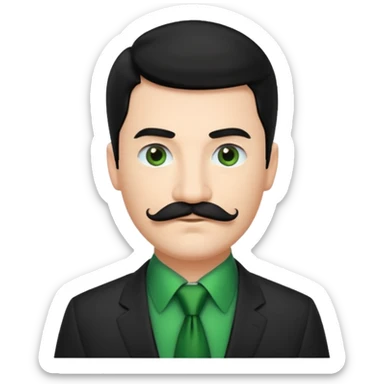 ["Fair-skinned man with black hair and a moustache, wearing a dark suit and green tie."] sticker