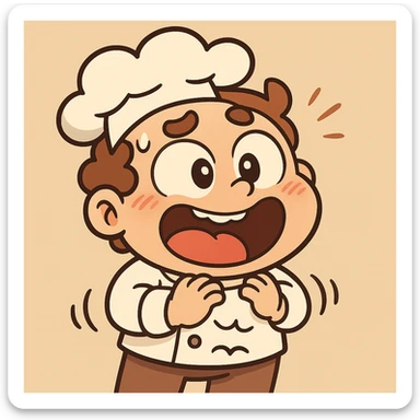 Make the chef look even hungrier with an exaggerated facial expression and a rumbling stomach, keeping a playful vibe and a simple background, cartoon style. sticker