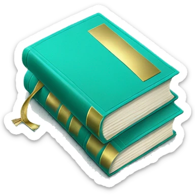 Realistic isolated turquoise book with metallic gold writing laying down flat. sticker