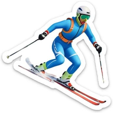 An icon featuring snowy peaks, pine trees, and a picturesque mountain landscape with a skier racing down a snow-covered slope. The sky is blue with soft clouds, capturing the thrill and beauty of alpine skiing. Transparent background highlights the excitement and serenity of winter sports. sticker