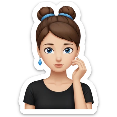 apple style emoji of a woman with blue eyes, brown hair in a bun, one hand on her neck in discomfort, wearing a black T-shirt sticker
