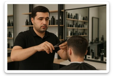 shu odamni sartaroshxonada mijozlarni sochini olayotganin  tasvirlab ber juda yosh ham katta ham bo'lmasin semiz ham bo'lib ketmasin o'smirin davrini yuzi ko'rinmasin sticker