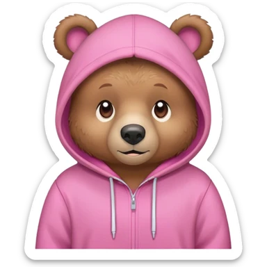 Make a cute bear wearing a pink bear hoodie sticker