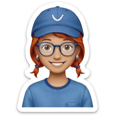 Young person with red hair, glasses, earrings and a wonderful smile, wearing blue clothes, jeans and a cap sticker