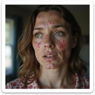 hyperrealistic 4K detailed image of a woman with estrogen and progesterone hormonal imbalance, face with acne concentrated on chin and jawline, shiny skin, worried expression, domestic environment sticker