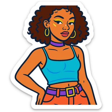 curly-haired woman with light brown skin, baby hairs, simple makeup with highlighter on eyes, cheekbone, and nose, Y2K fashion sticker