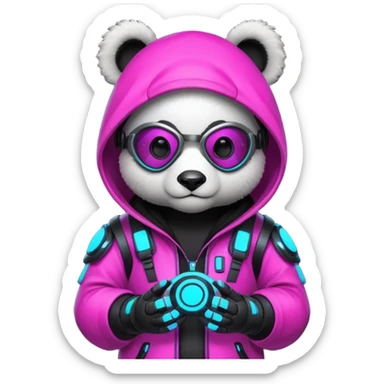 cute cyberpunk panda, neon hoodie, cyber goggles, glowing patterns, futuristic armor details, 3D cartoon, mobile game icon style, clean background, no text, no watermark
 sticker