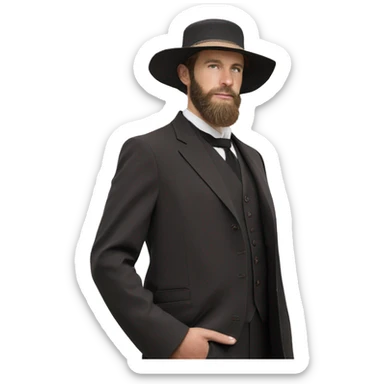 amish brown straw hat and small beard without mustache white skin black plain suit half body one photo  sticker