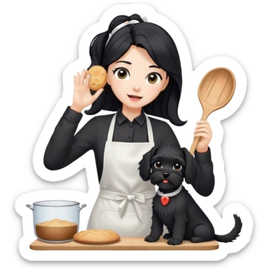 pale girl with long black hair wearing black long sleeve shirt wearing apron and baking holding black floppy ear schnauzer sticker