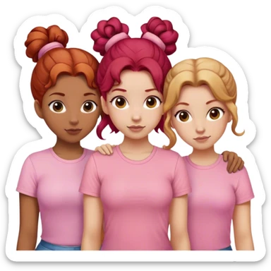 Three sisters one of them have red hair with buns. One of them have dirty blonde hair with ponytail. One of them have white curls with brown hair and they are all wearing pink shirts sticker