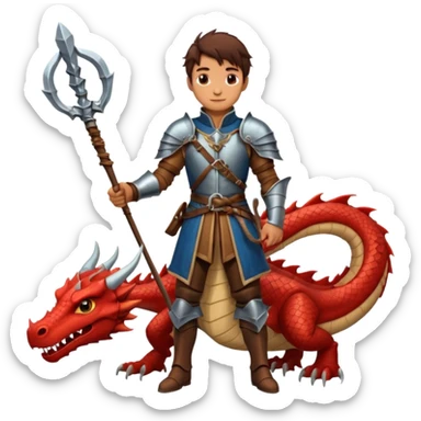 a dragon tamer with a whip in his hand in medieval time with a dragon next to him sticker