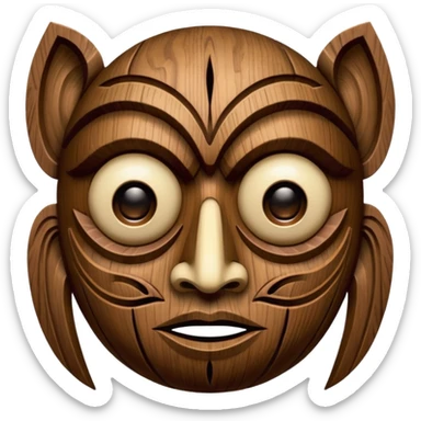 Wooden Mask, Brown carved wood face with hollow eyes. sticker