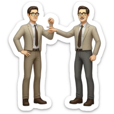 Full height Actively gesturing with hands Pale skinned fit man with dark brown hair in gray jacket, beige office shirt, brown tie, brown pants and vintage glasses. sticker